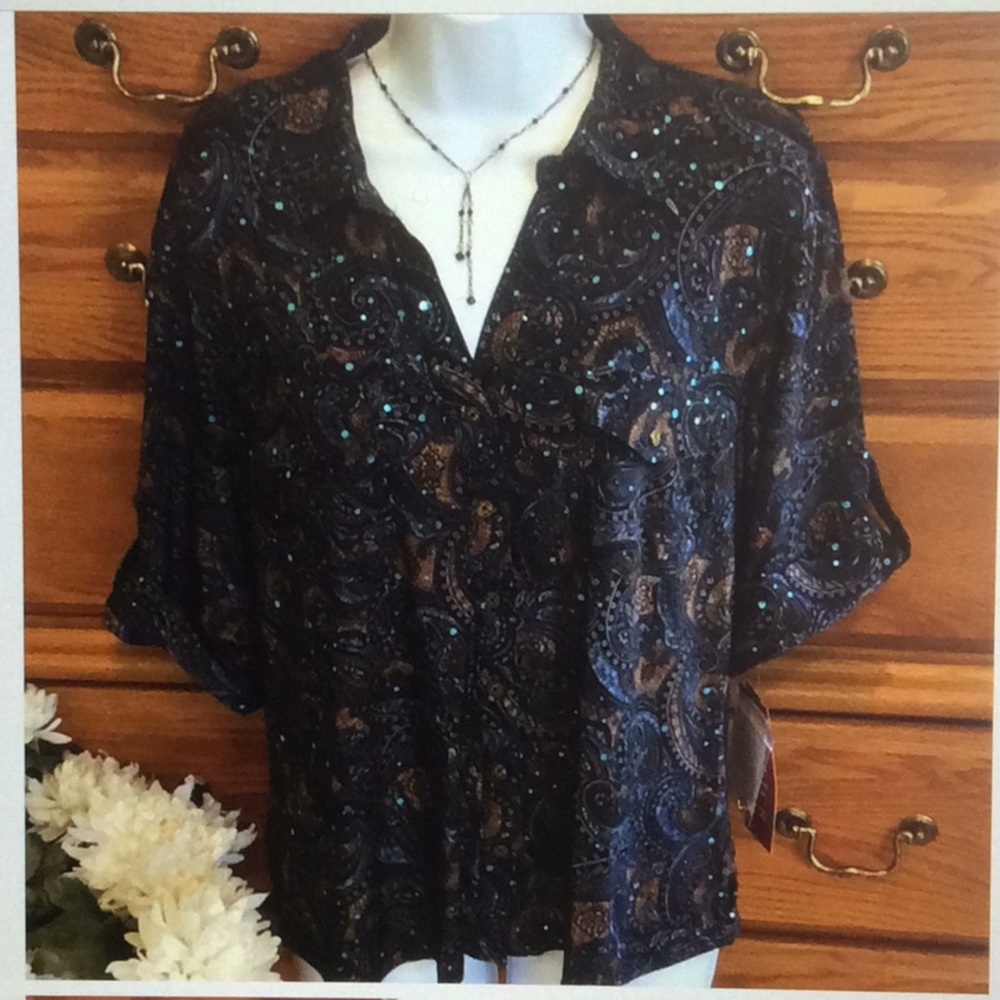 Navy Sequin Paisley Blouse By Cathy NWT